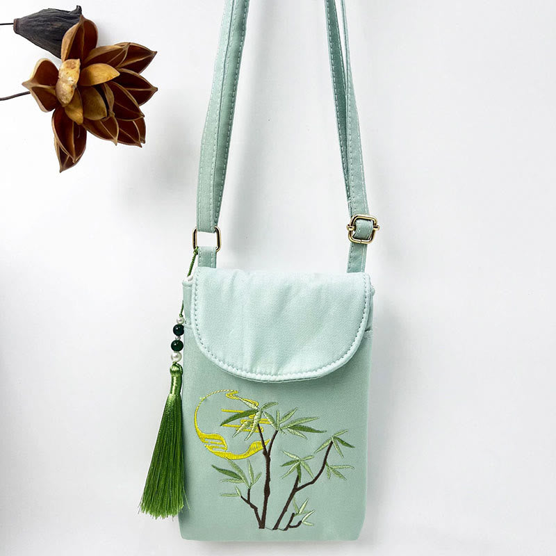 Buddha Stones Małe Haftowane Kwiaty Torba Crossbody Torba Na Ramię Dwuwarstwowa Torba Na Telefon Komórkowy