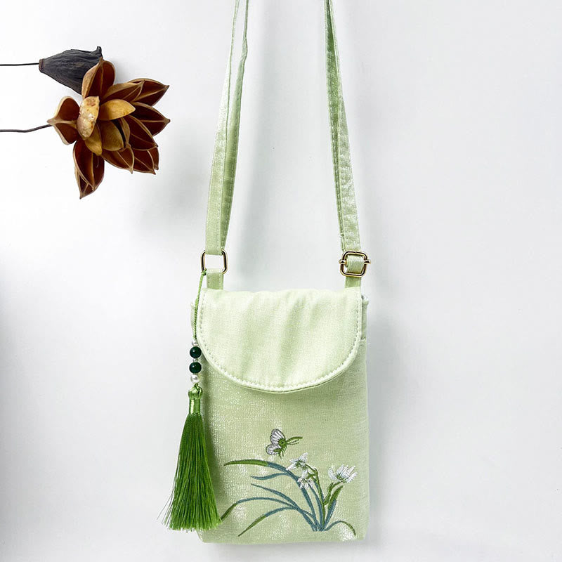 Buddha Stones Małe Haftowane Kwiaty Torba Crossbody Torba Na Ramię Dwuwarstwowa Torba Na Telefon Komórkowy