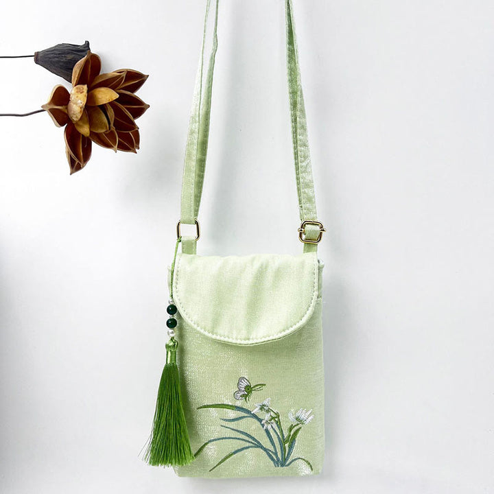 Buddha Stones Małe Haftowane Kwiaty Torba Crossbody Torba Na Ramię Dwuwarstwowa Torba Na Telefon Komórkowy