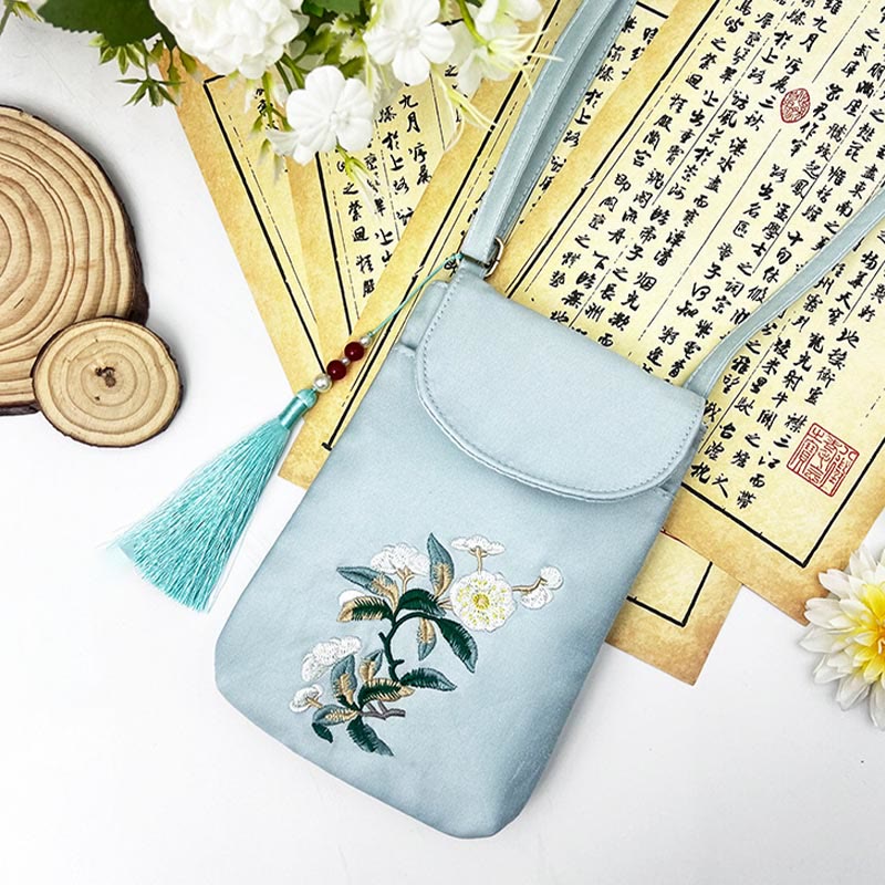 Buddha Stones Małe Haftowane Kwiaty Torba Crossbody Torba Na Ramię Dwuwarstwowa Torba Na Telefon Komórkowy