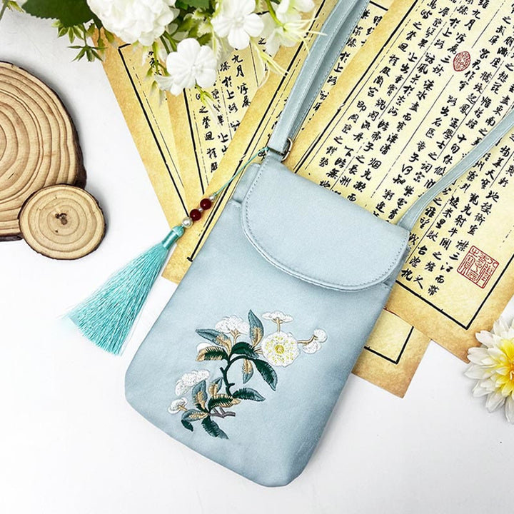 Buddha Stones Małe Haftowane Kwiaty Torba Crossbody Torba Na Ramię Dwuwarstwowa Torba Na Telefon Komórkowy