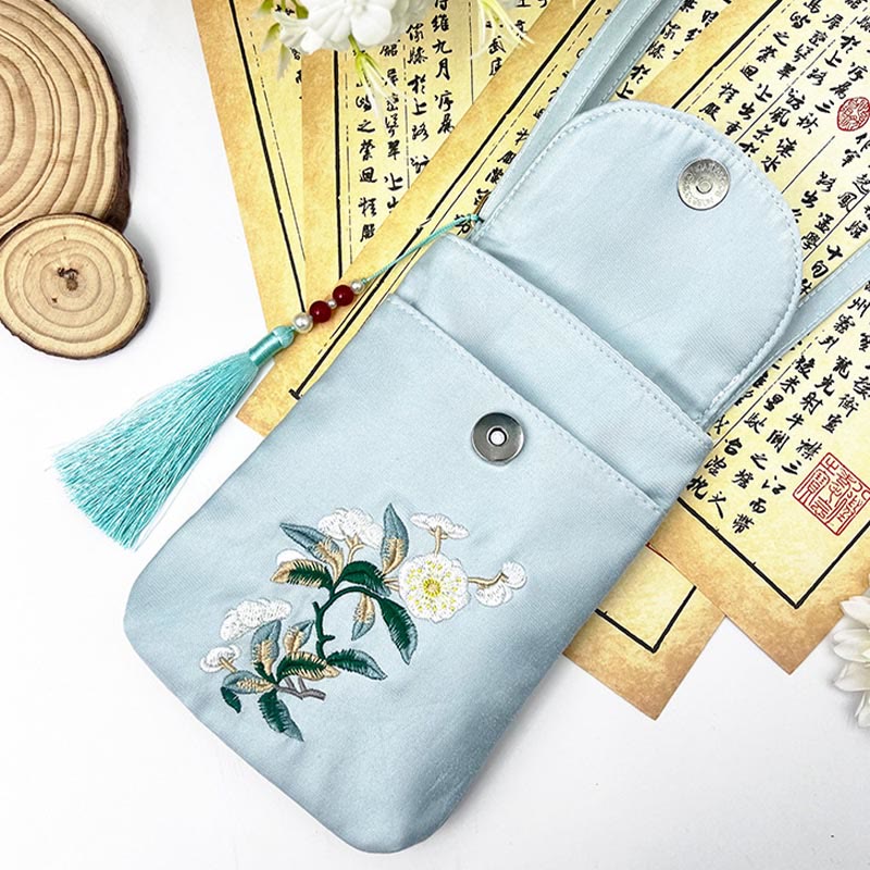 Buddha Stones Małe Haftowane Kwiaty Torba Crossbody Torba Na Ramię Dwuwarstwowa Torba Na Telefon Komórkowy