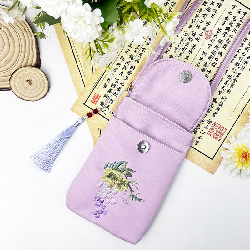 Buddha Stones Małe Haftowane Kwiaty Torba Crossbody Torba Na Ramię Dwuwarstwowa Torba Na Telefon Komórkowy