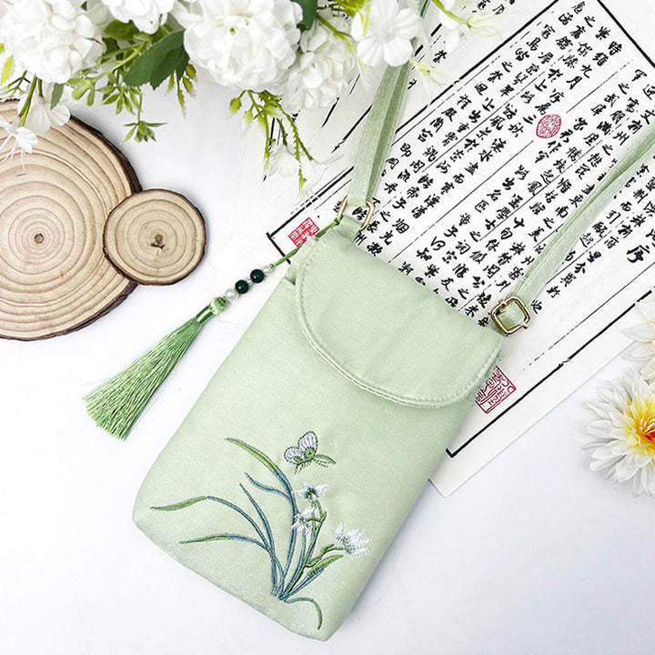 Buddha Stones Małe Haftowane Kwiaty Torba Crossbody Torba Na Ramię Dwuwarstwowa Torba Na Telefon Komórkowy
