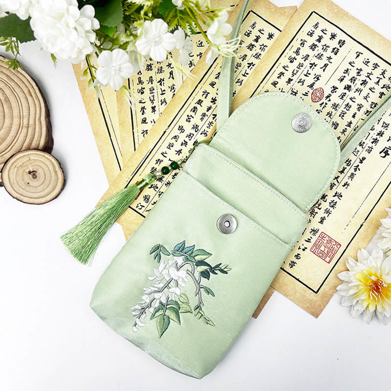 Buddha Stones Małe Haftowane Kwiaty Torba Crossbody Torba Na Ramię Dwuwarstwowa Torba Na Telefon Komórkowy