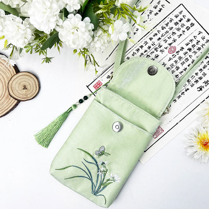 Buddha Stones Małe Haftowane Kwiaty Torba Crossbody Torba Na Ramię Dwuwarstwowa Torba Na Telefon Komórkowy