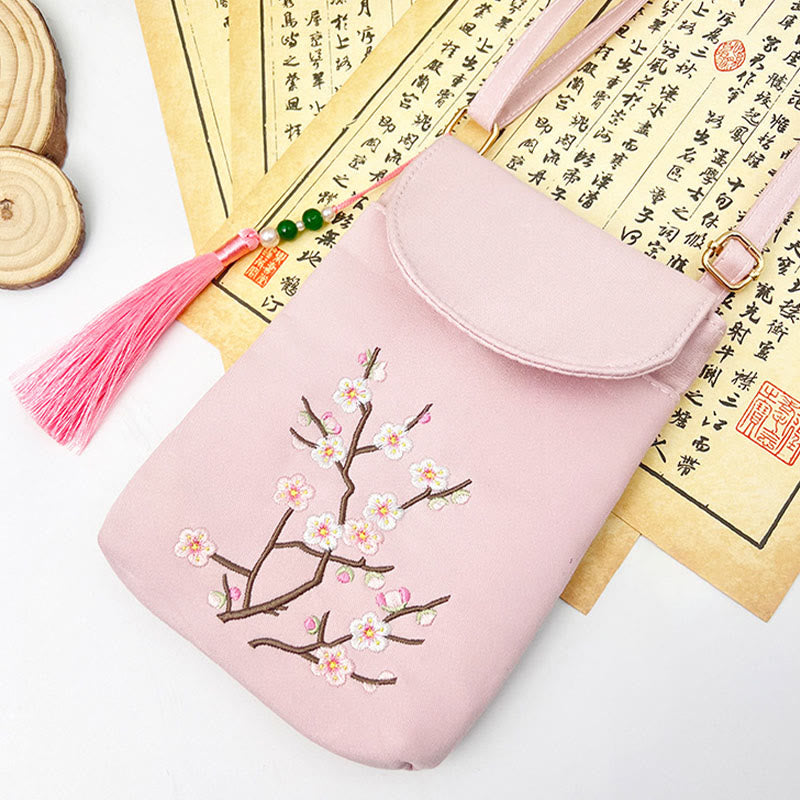 Buddha Stones Małe Haftowane Kwiaty Torba Crossbody Torba Na Ramię Dwuwarstwowa Torba Na Telefon Komórkowy