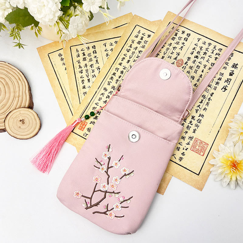 Buddha Stones Małe Haftowane Kwiaty Torba Crossbody Torba Na Ramię Dwuwarstwowa Torba Na Telefon Komórkowy