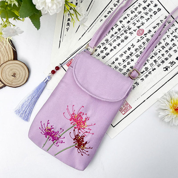 Buddha Stones Małe Haftowane Kwiaty Torba Crossbody Torba Na Ramię Dwuwarstwowa Torba Na Telefon Komórkowy