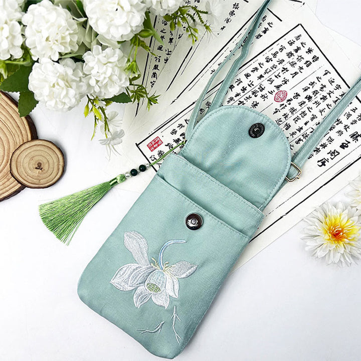 Buddha Stones Małe Haftowane Kwiaty Torba Crossbody Torba Na Ramię Dwuwarstwowa Torba Na Telefon Komórkowy
