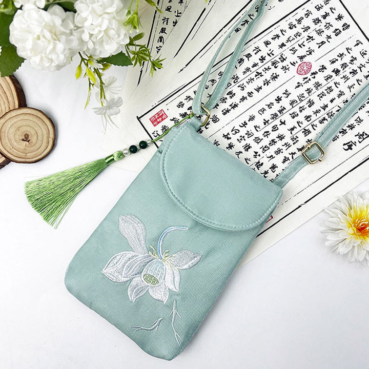 Buddha Stones Małe Haftowane Kwiaty Torba Crossbody Torba Na Ramię Dwuwarstwowa Torba Na Telefon Komórkowy