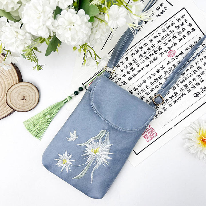 Buddha Stones Małe Haftowane Kwiaty Torba Crossbody Torba Na Ramię Dwuwarstwowa Torba Na Telefon Komórkowy