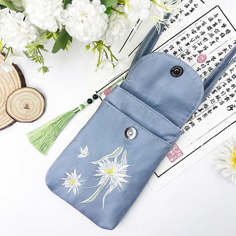 Buddha Stones Małe Haftowane Kwiaty Torba Crossbody Torba Na Ramię Dwuwarstwowa Torba Na Telefon Komórkowy