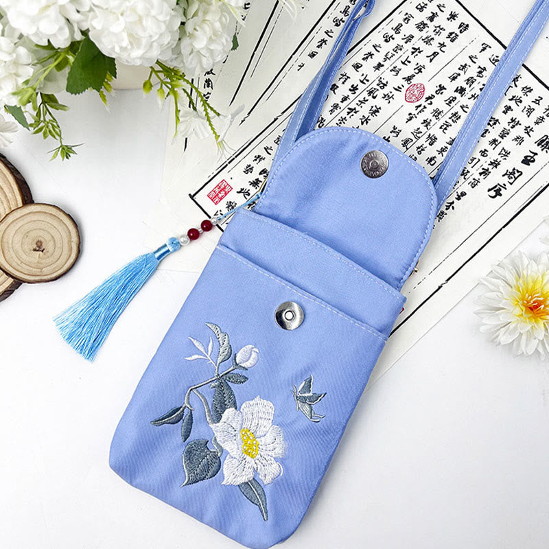 Buddha Stones Małe Haftowane Kwiaty Torba Crossbody Torba Na Ramię Dwuwarstwowa Torba Na Telefon Komórkowy