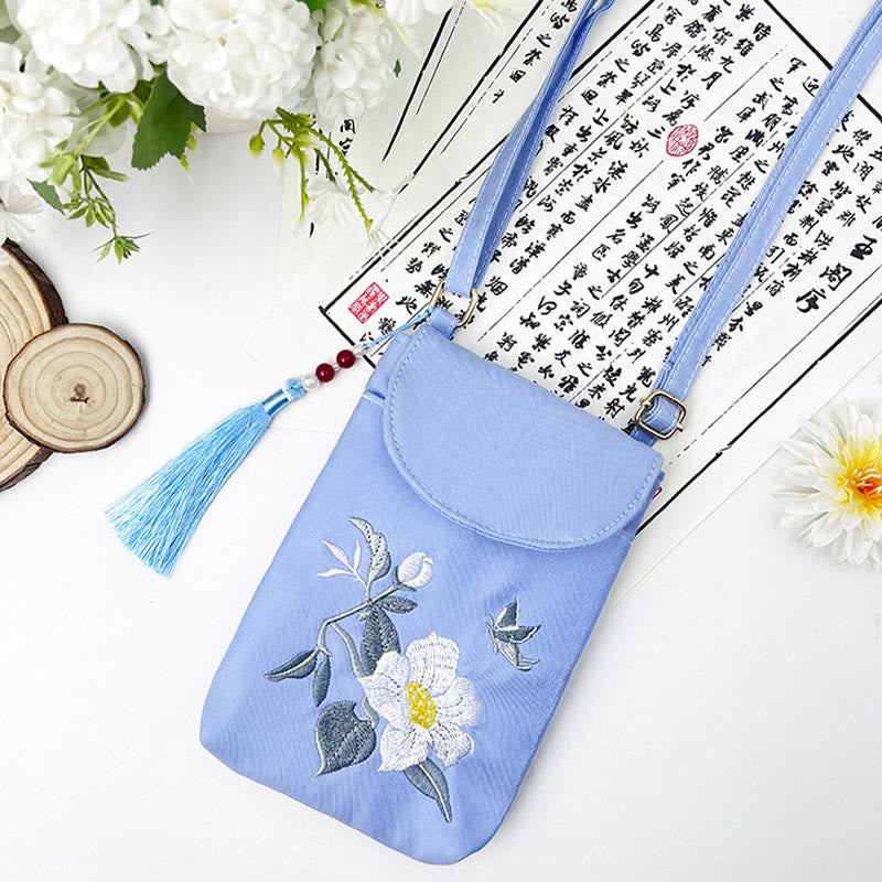 Buddha Stones Małe Haftowane Kwiaty Torba Crossbody Torba Na Ramię Dwuwarstwowa Torba Na Telefon Komórkowy