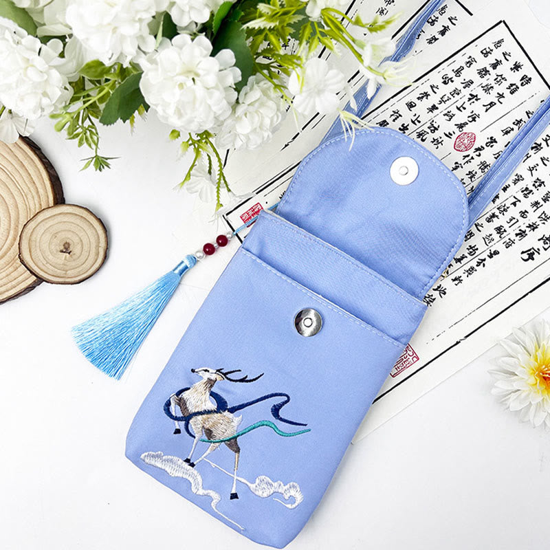 Buddha Stones Małe Haftowane Kwiaty Torba Crossbody Torba Na Ramię Dwuwarstwowa Torba Na Telefon Komórkowy