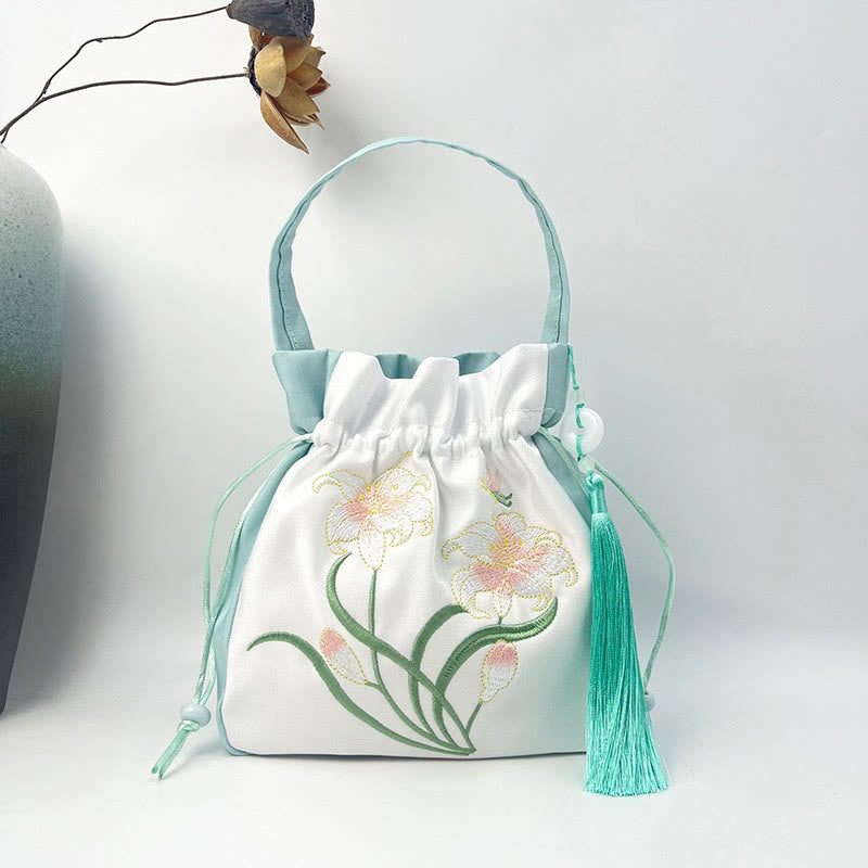 Buddha Stones Haftowane Kwiaty Glicynia Lilia Bawełna Len Torba Crossbody Torba Na Ramię Torebka