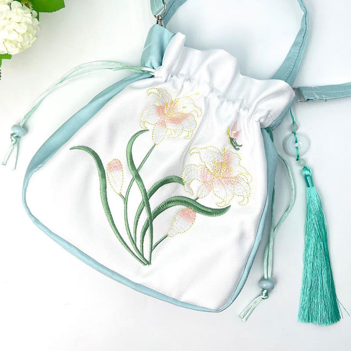 Buddha Stones Haftowane Kwiaty Glicynia Lilia Bawełna Len Torba Crossbody Torba Na Ramię Torebka