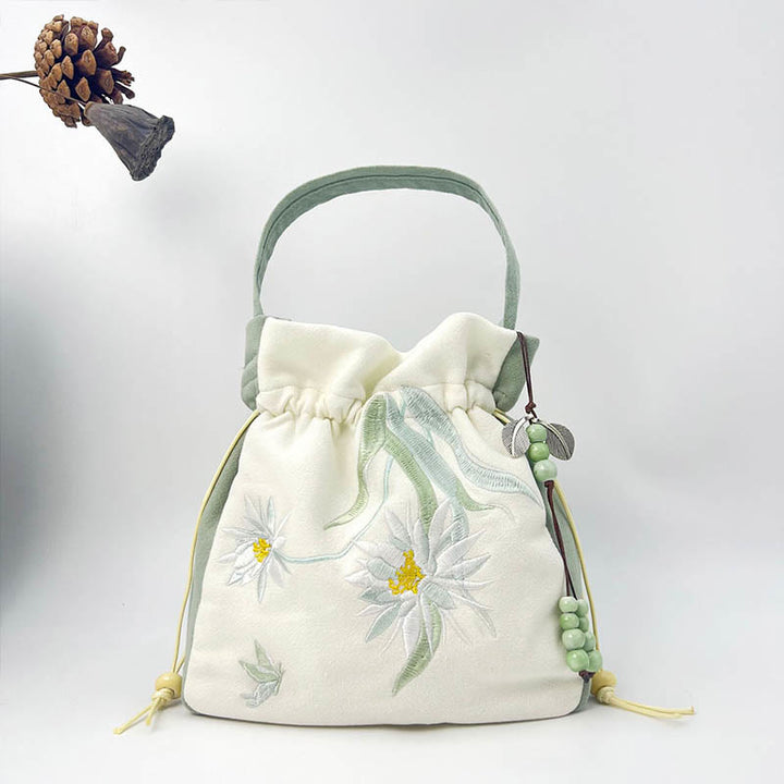 Buddha Stones haftowany motyl lotos magnolia bawełna len torba typu crossbody torba na ramię torebka