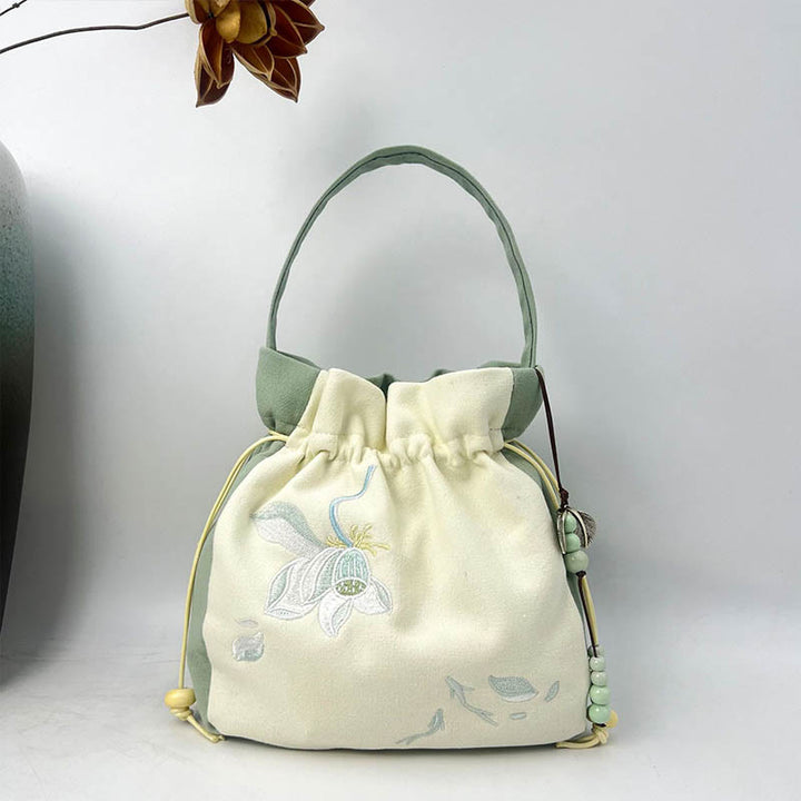 Buddha Stones haftowany motyl lotos magnolia bawełna len torba typu crossbody torba na ramię torebka