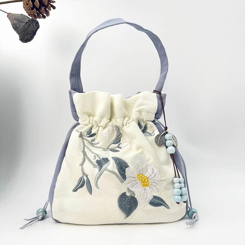 Buddha Stones haftowany motyl lotos magnolia bawełna len torba typu crossbody torba na ramię torebka