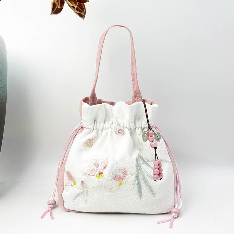 Buddha Stones haftowany motyl lotos magnolia bawełna len torba typu crossbody torba na ramię torebka