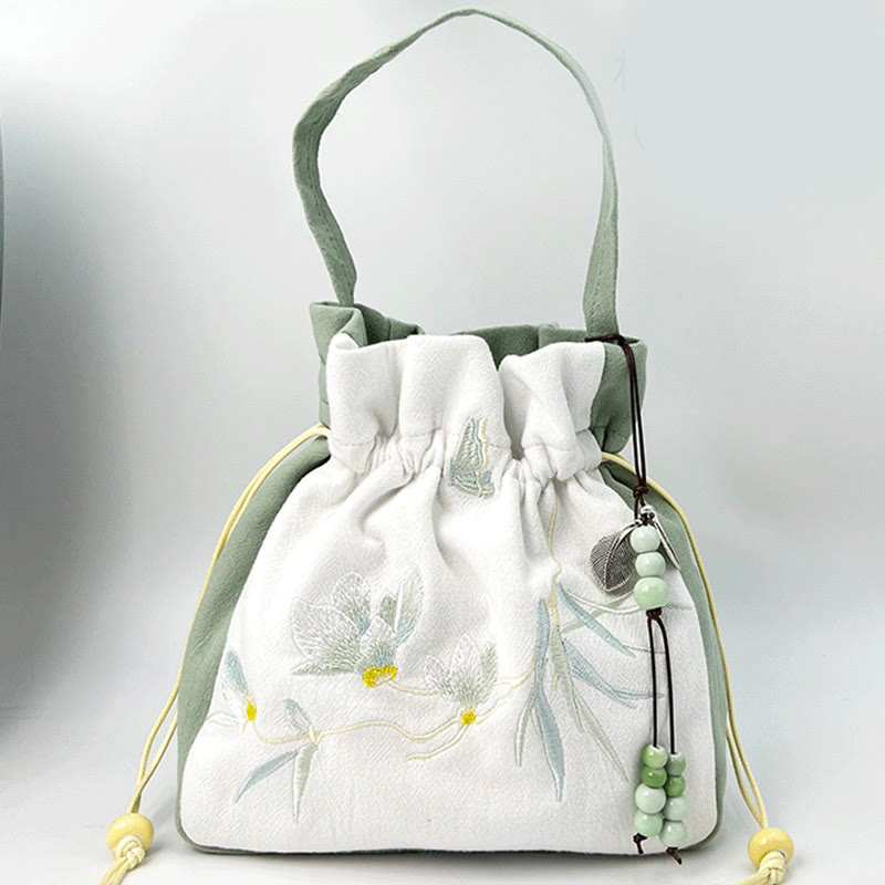 Buddha Stones haftowany motyl lotos magnolia bawełna len torba typu crossbody torba na ramię torebka