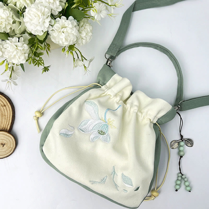 Buddha Stones haftowany motyl lotos magnolia bawełna len torba typu crossbody torba na ramię torebka