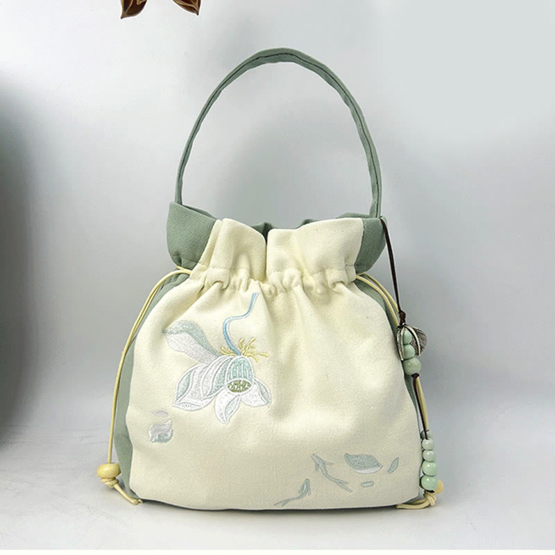 Buddha Stones haftowany motyl lotos magnolia bawełna len torba typu crossbody torba na ramię torebka