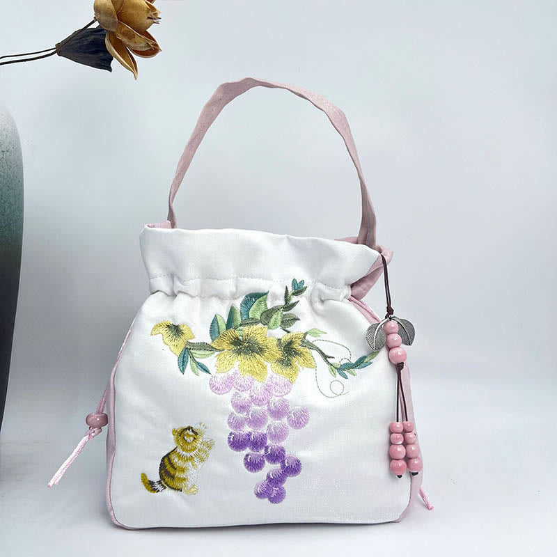 Buddha Stones haftowane Osmantus Piwonia Winogrono Kot Bawełna Len Torba Crossbody Torba na ramię Torebka
