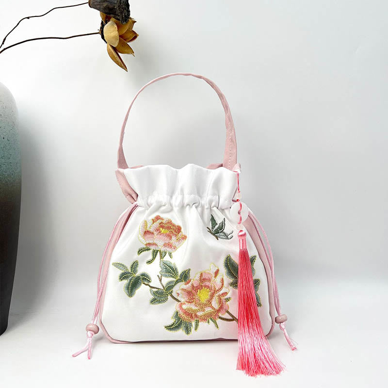 Buddha Stones haftowane Osmantus Piwonia Winogrono Kot Bawełna Len Torba Crossbody Torba na ramię Torebka
