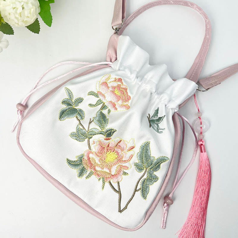 Buddha Stones haftowane Osmantus Piwonia Winogrono Kot Bawełna Len Torba Crossbody Torba na ramię Torebka