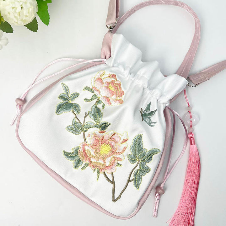 Buddha Stones haftowane Osmantus Piwonia Winogrono Kot Bawełna Len Torba Crossbody Torba na ramię Torebka