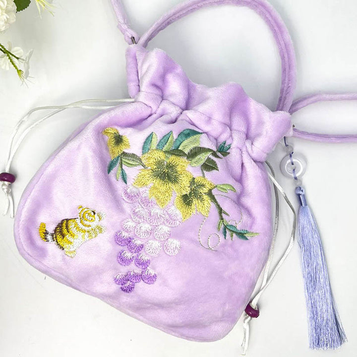 Buddha Stones haftowane Osmantus Piwonia Winogrono Kot Bawełna Len Torba Crossbody Torba na ramię Torebka
