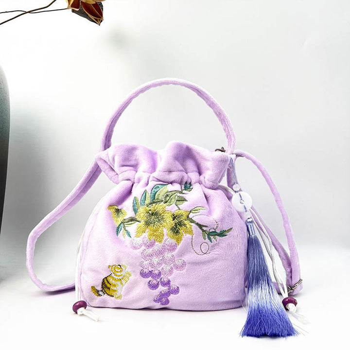 Buddha Stones haftowane Osmantus Piwonia Winogrono Kot Bawełna Len Torba Crossbody Torba na ramię Torebka