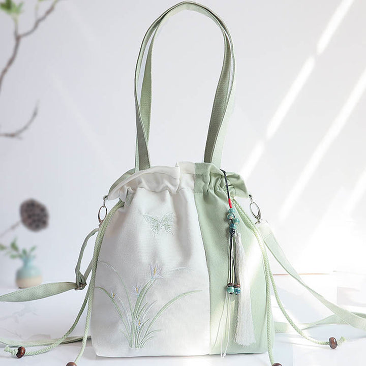 Buddha Stones Haftowane Kwiaty Trawy Wiśniowe Kwiaty Płócienna Torba Tote Crossbody Torba Na Ramię Torebka