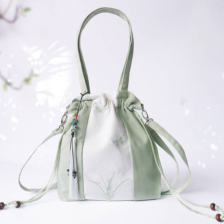 Buddha Stones Haftowane Kwiaty Trawy Wiśniowe Kwiaty Płócienna Torba Tote Crossbody Torba Na Ramię Torebka