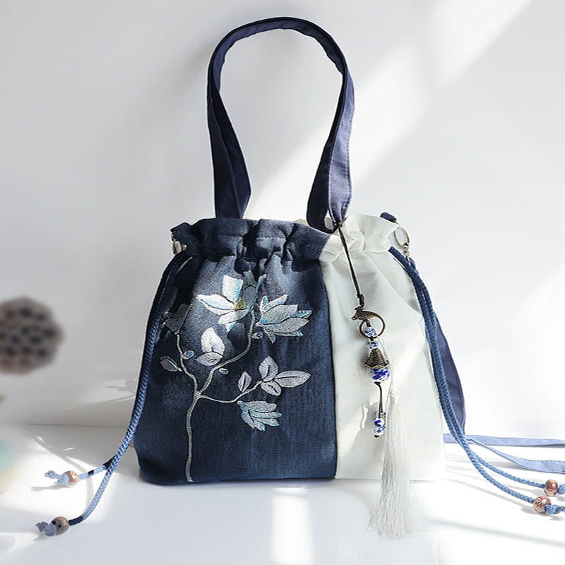 Buddha Stones Haftowane Kwiaty Trawy Wiśniowe Kwiaty Płócienna Torba Tote Crossbody Torba Na Ramię Torebka