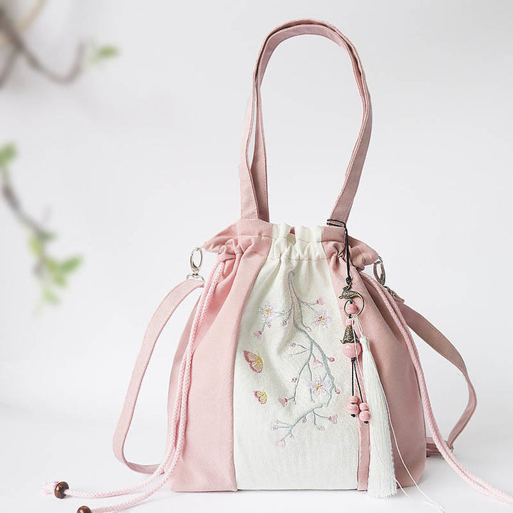 Buddha Stones Haftowane Kwiaty Trawy Wiśniowe Kwiaty Płócienna Torba Tote Crossbody Torba Na Ramię Torebka