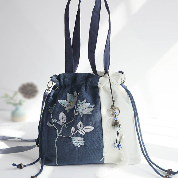 Buddha Stones Haftowane Kwiaty Trawy Wiśniowe Kwiaty Płócienna Torba Tote Crossbody Torba Na Ramię Torebka