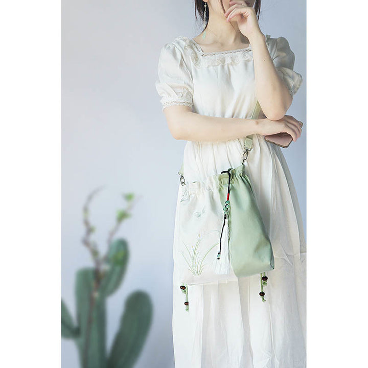 Buddha Stones Haftowane Kwiaty Trawy Wiśniowe Kwiaty Płócienna Torba Tote Crossbody Torba Na Ramię Torebka - image 1