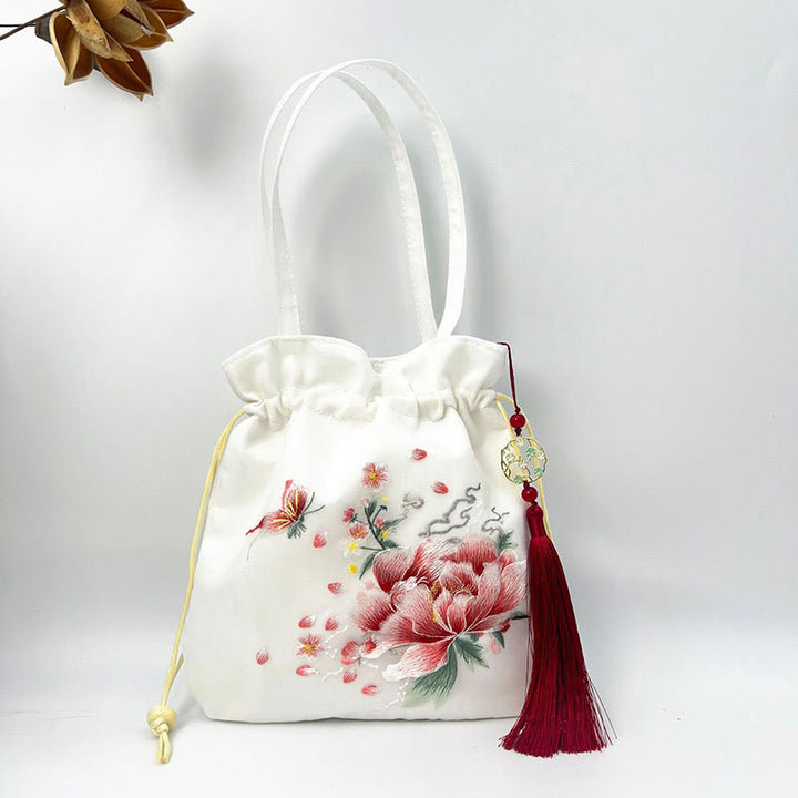 Buddha Stones Suzhou Haft Lotos Jeleń Epifyllum Piwonia Królik Bawełna Len Torba Crossbody Torba na ramię Torebka - Biała piwonia 21*22cm - image 15