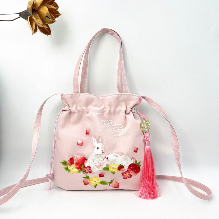 Buddha Stones Suzhou Haft Lotos Jeleń Epifyllum Piwonia Królik Bawełna Len Torba Crossbody Torba na ramię Torebka - Różowy Królik Truskawkowy 21*22cm - image 18