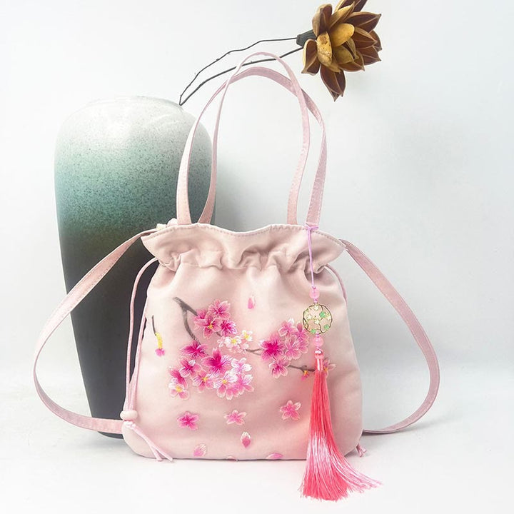 Buddha Stones Suzhou Haft Lotos Jeleń Epifyllum Piwonia Królik Bawełna Len Torba Crossbody Torba na ramię Torebka - Jasnoróżowe kwiaty wiśni 21*22 cm - image 21