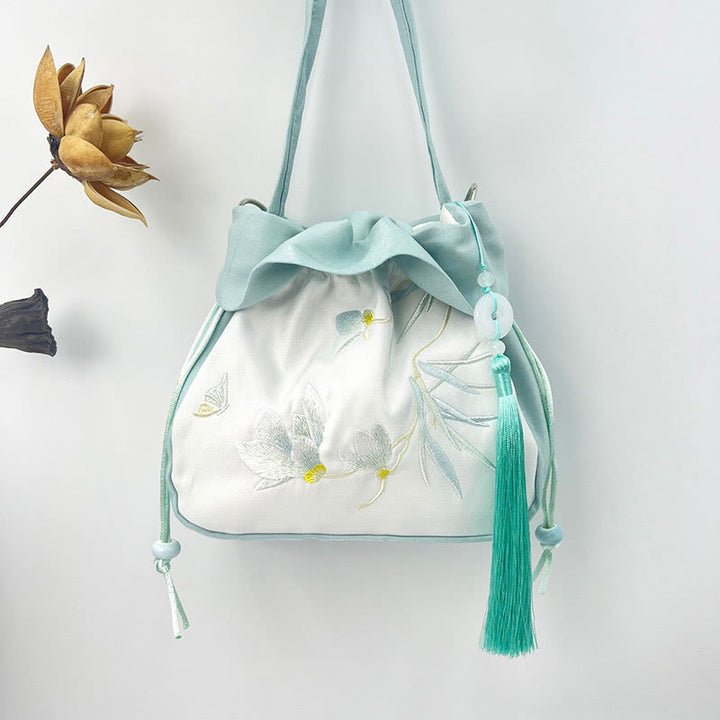Buddha Stones Suzhou Haft Kamelia Magnolia Piwonia Lotos Jedwabna Torba Torebka Crossbody Torba na Ramię Torebka