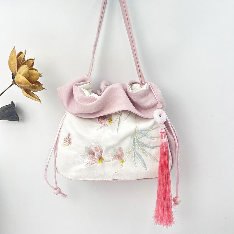 Buddha Stones Suzhou Haft Kamelia Magnolia Piwonia Lotos Jedwabna Torba Torebka Crossbody Torba na Ramię Torebka