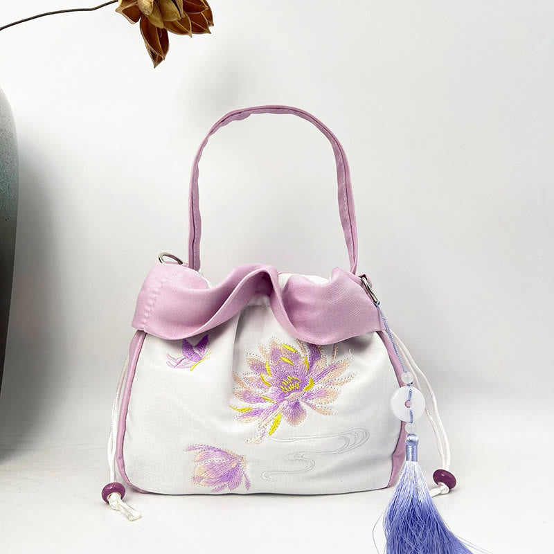 Buddha Stones Suzhou Haft Kamelia Magnolia Piwonia Lotos Jedwabna Torba Torebka Crossbody Torba na Ramię Torebka