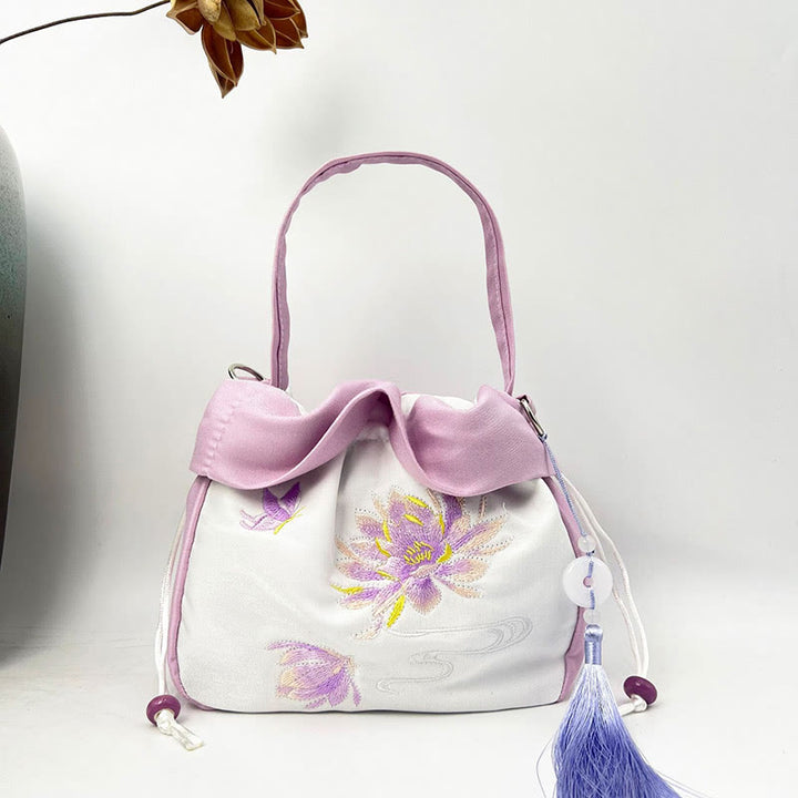 Buddha Stones Suzhou Haft Kamelia Magnolia Piwonia Lotos Jedwabna Torba Torebka Crossbody Torba na Ramię Torebka