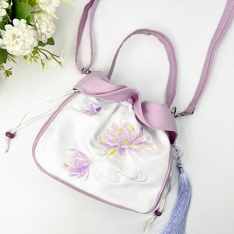Buddha Stones Suzhou Haft Kamelia Magnolia Piwonia Lotos Jedwabna Torba Torebka Crossbody Torba na Ramię Torebka