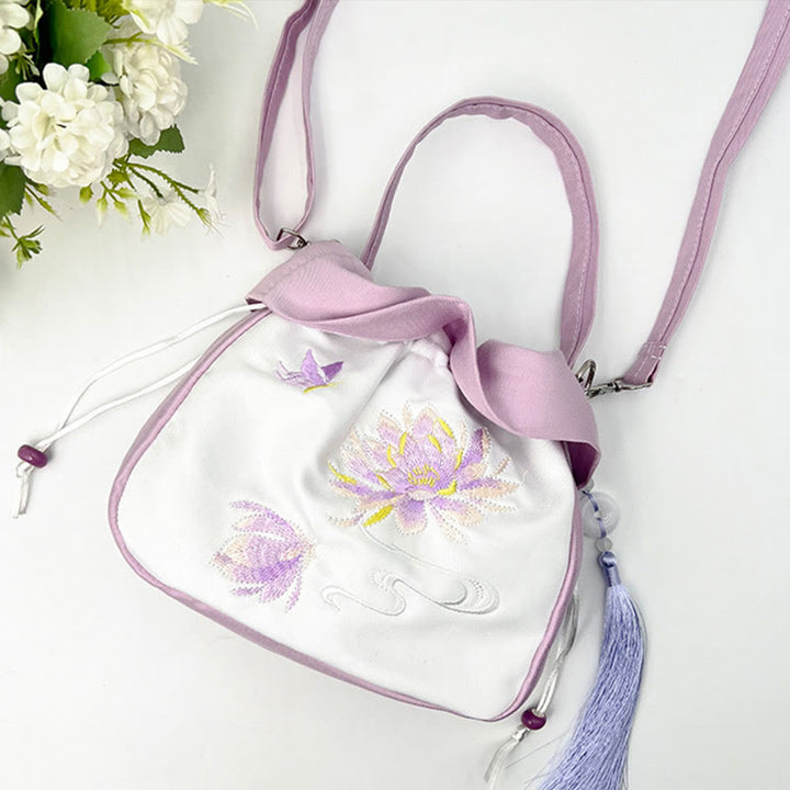 Buddha Stones Suzhou Haft Kamelia Magnolia Piwonia Lotos Jedwabna Torba Torebka Crossbody Torba na Ramię Torebka